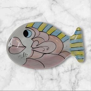 Vintage Whimsical Painted Pottery Fish Plate Signed